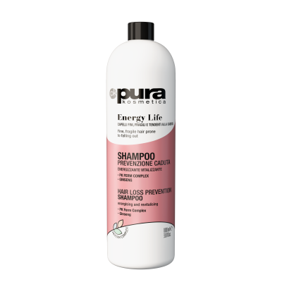 Pura Kosmetica Energy Life Anti-hair loss  šampūnas nuo plaukų slinkimo silpniems, ploniems bei linkusiems slinkti plaukams. pH 5,00 – 6,00 1000ml