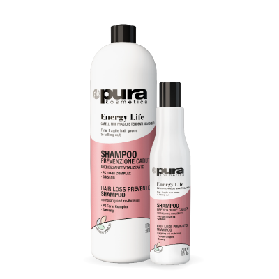 Pura Kosmetica Energy Life Anti-hair loss šampūnas nuo plaukų slinkimo silpniems, ploniems bei linkusiems slinkti plaukams. pH 5,00 – 6,00 250ml
